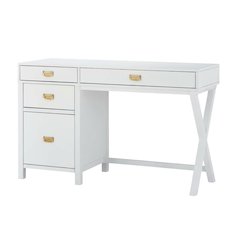 White side storage desk - metal hardware, durable MDF, rubberwood construction