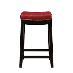 Red counter stool with rubberwood frame and cushioned faux leather seat