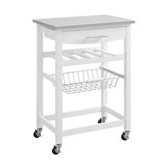 White Kitchen Cart with Pine Top and Stainless Steel Accents for Storage