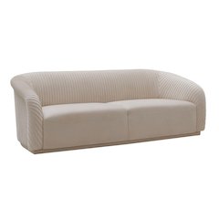 Beige Velvet 3 Seater Couch With Rolled Arms And Pleated Backrest Detail