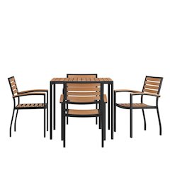 5 Piece Outdoor Dining Table Set - Synthetic Teak Poly Slats - 35" Square Steel Framed Table with Umbrella Hole - 4 Club Chairs