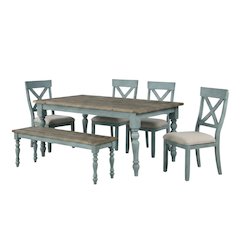 6-Piece Dining Table Set with Cross Back Chairs and Bench in Elegant Finish