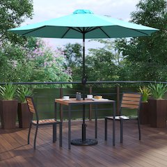 3 Piece Outdoor Patio Table Set - 35" Square Synthetic Teak Patio Table with Teal Umbrella and Base