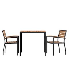 3 Piece Outdoor Dining Table Set - Synthetic Teak Poly Slats - 35" Square Steel Framed Table with Umbrella Hole - 2 Club Chairs