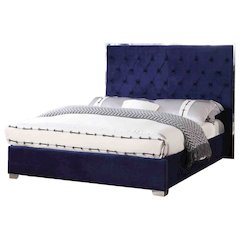 Best Master Kressa Velour Fabric Tufted Cali King Platform Bed in Blue