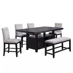 Rubbed Charcoal Finished Counter Height Dining Table for 6 with Chairs and Bench