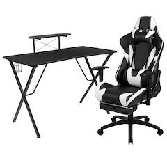 Black Gaming Desk and Black Footrest Reclining Gaming Chair Set with Cup Holder, Headphone Hook, and Monitor/Smartphone Stand