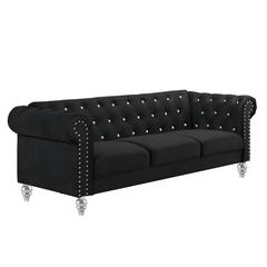 Furniture Emma Velvet Fabric Sofa with Rolled Arms in Black