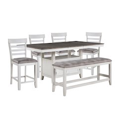 Richland 6-Piece Wood Dining Set w Bench in Stonewash Gray
