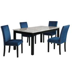 Furniture Celeste Faux Marble Dining Set- 1 Table  4 Blue Chairs