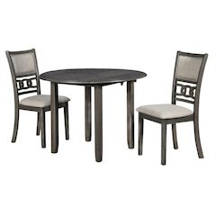 3-Piece Wood Dining Set Round Drop-Leaf Table 2 Chairs Contemporary Gray