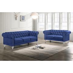 Emma 2-Piece Crystal Velvet Fabric Loveseat & Sofa Set in Royal Blue