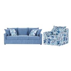 Sylvie Blue and White Polyester Couch and Swivel Chair Set