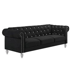 Black Velvet Sofa with Rolled Arms – Elegant Velvet Couch for Living Room