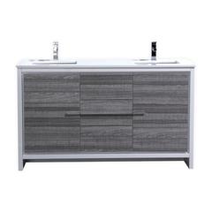 60″ Double Sink Ash Gray Modern Bathroom Vanity with White Quartz Counter-Top