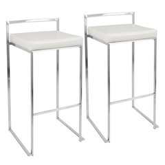 Contemporary White Faux Leather Stackable Barstools with Metal Frame, Set of 2