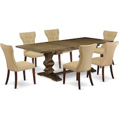East West Furniture LAGA7-78-03 7-Piece Dining Table Set - 6 Dining Chairs with Brown Linen Fabric Back and Seat - Dining Table with Pedestal Legs - Antique Walnut & Distressed Jacobean Finish