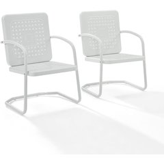White outdoor armchair duo with sturdy construction and comfortable seating