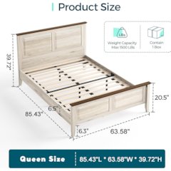 Rustic Queen Bed Frame with Headboard & Footboard, Wooden Platform, Beige