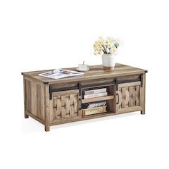 47.24" Farmhouse Coffee Table with Storage & Sliding Barn Doors,Light Brown