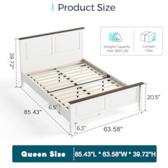 Rustic Queen Bed Frame with Headboard & Footboard, Wooden Platform, White