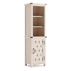 Farmhouse Tall Storage Cabinet, Narrow Corner Linen Tower with Door, Light Gray