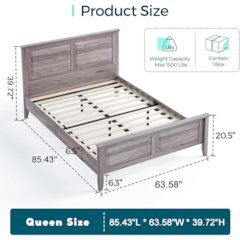 Rustic Queen Bed Frame with Headboard & Footboard, Wooden Platform, Grey