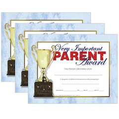 Very Important Parent Award, 8.5" x 11", 30 Per Pack, 3 Packs