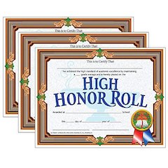 High Honor Roll Certificate, 8.5" x 11", 30 Per Pack, 3 Packs
