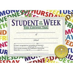 Student of the Week Certificate, 8.5" x 11", 30 Per Pack, 3 Packs