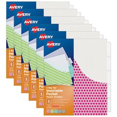 Big Tab Insertable Plastic Dividers with Pockets, 5-Tab Set, 6 Sets