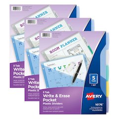 Write & Erase Durable Plastic Dividers with Pockets, 5-Tab Set, 3 Sets