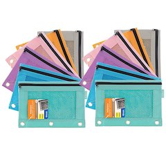 3-Ring Pencil Pouch with Mesh Window, Retro Pastel Colors, Pack of 12