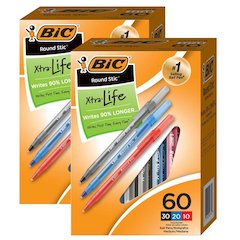 Round Stic Xtra Life Ballpoint Pen, Medium Point, 60 Per Box, 2 Boxes