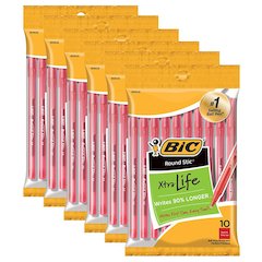 Round Stic Xtra Life Ballpoint Pen, Medium Point (1.0mm), 10 Per Pack, 6 Packs