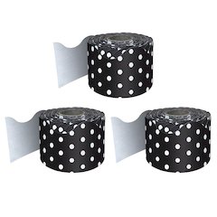 Black with White Polka Dots Rolled Scalloped Border, 65 Feet Per Roll, Pack of 3