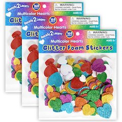 Glitter Foam Stickers - Hearts - Multicolor - 168 Per Pack - 3 Packs