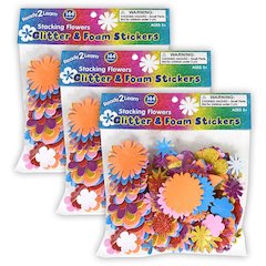Glitter and Foam Stickers - Stacking Flowers - 144 Per Pack - 3 Packs