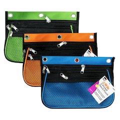 3 Pocket Pencil Pouch, Expanding to 2.25", 10.25"W x 7.25"H x 2.5"D - Pack of 3