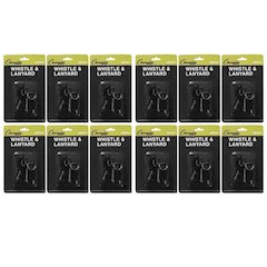 Plastic Whistle & Black Lanyard Pack, 12 Packs