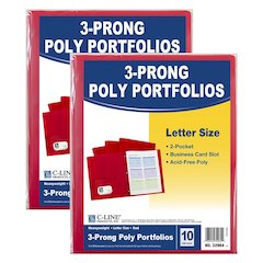 Two-Pocket Poly Portfolio Folder with Prongs, Red, 10 Per Pack, 2 Packs