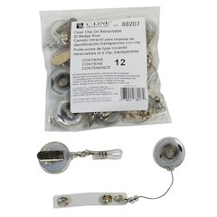 Retracting ID Card Reels, Spring Clip, Clear, Pack of 12
