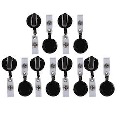 Retracting ID Card Reels, Black, Swiveling Spring Clip, Pack of 12