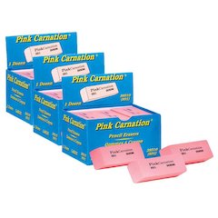 Pink Carnation Erasers, Large, 2-9/16 x 1 x 7/16, 12 Per Pack, 3 Packs