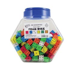 16MM FOAM DICE TUB OF 200 ASSORTED COLOR SPOT