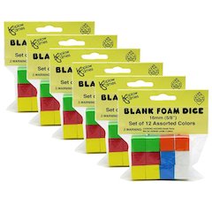 Assorted Color Blank 16mm Foam Dice, 12 Per Pack, 6 Packs