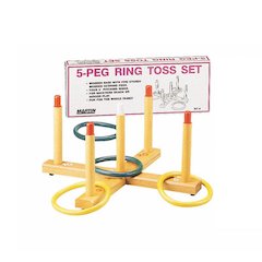RING TOSS GAME 5-PEG BASE WOOD PEGS 4 PLASTIC RINGS