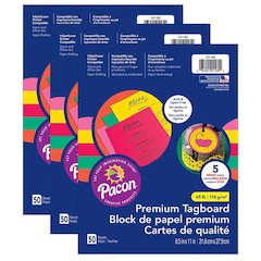 Premium Tagboard, 5 Assorted Bright Colors, 50 Sheets Per Pack, 3 Packs