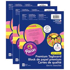 Premium Tagboard, 5 Assorted Hyper Colors, 50 Sheets Per Pack, 3 Packs