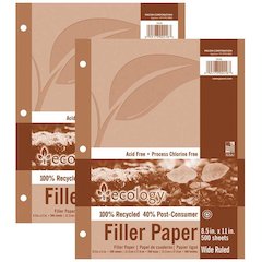 Recycled Filler Paper, White, 3-Hole Punched, 500 Sheets Per Pack, 2 Packs
